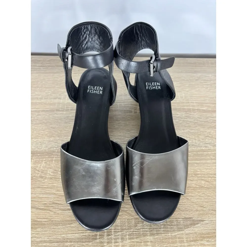 Eileen Fisher Vera Cuoio Leather Block Heel Sandals Pewter Black Womens 7.5